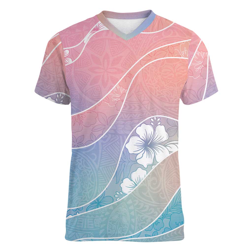Aloha Hawaii Floral Tapa Women V-Neck T-Shirt Patchwork Pastel Candy - Polynesian Pride