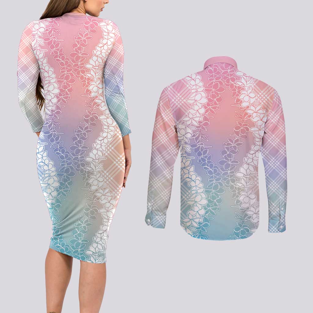 Hawaii Aloha Plumeria Lei Pastel Candy Palaka Couples Matching Long Sleeve Bodycon Dress and Long Sleeve Button Shirt - Polynesian Pride