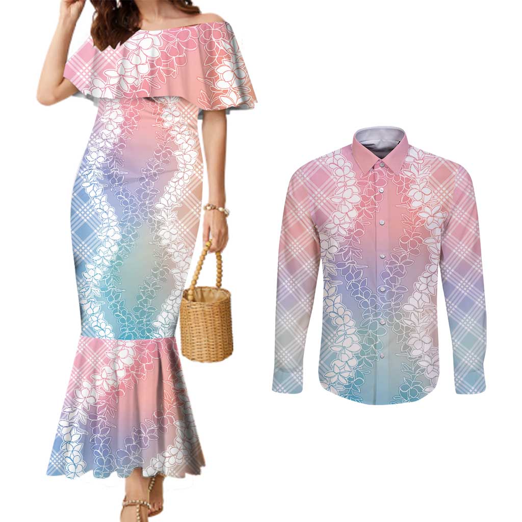 Hawaii Aloha Plumeria Lei Pastel Candy Palaka Couples Matching Mermaid Dress and Long Sleeve Button Shirt - Polynesian Pride