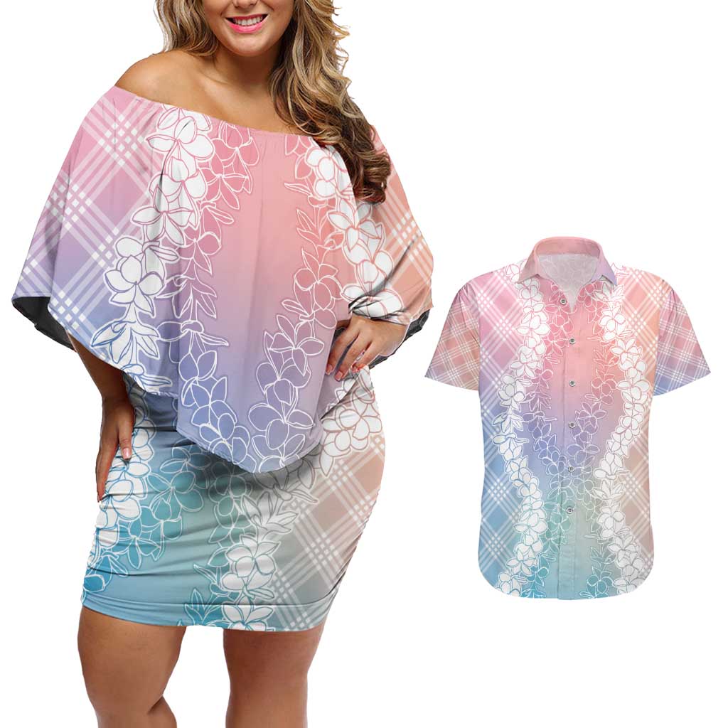 Hawaii Aloha Plumeria Lei Pastel Candy Palaka Couples Matching Off Shoulder Short Dress and Hawaiian Shirt - Polynesian Pride