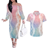 Hawaii Aloha Plumeria Lei Pastel Candy Palaka Couples Matching Off The Shoulder Long Sleeve Dress and Hawaiian Shirt - Polynesian Pride