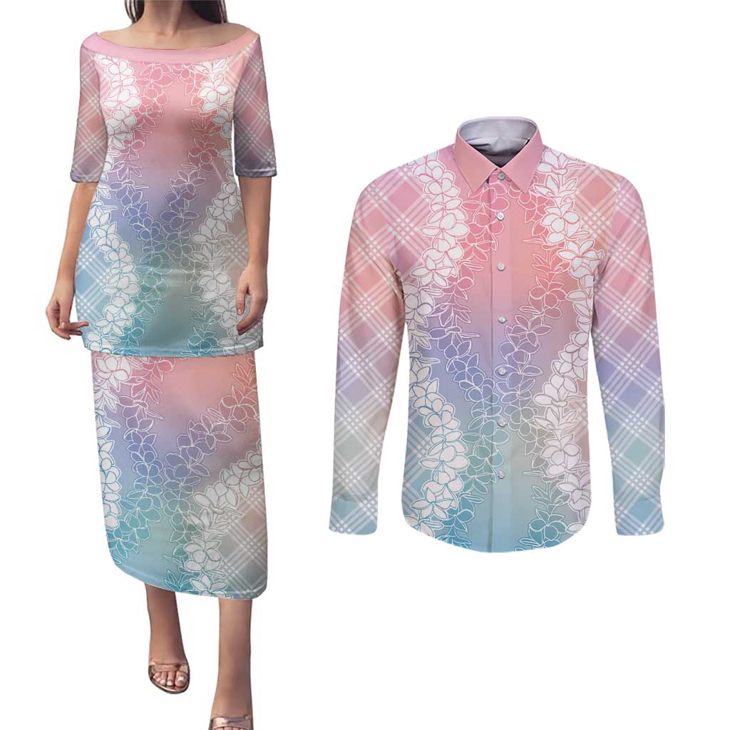 Hawaii Aloha Plumeria Lei Pastel Candy Palaka Couples Matching Puletasi and Long Sleeve Button Shirt - Polynesian Pride