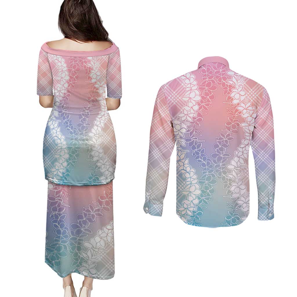 Hawaii Aloha Plumeria Lei Pastel Candy Palaka Couples Matching Puletasi and Long Sleeve Button Shirt - Polynesian Pride