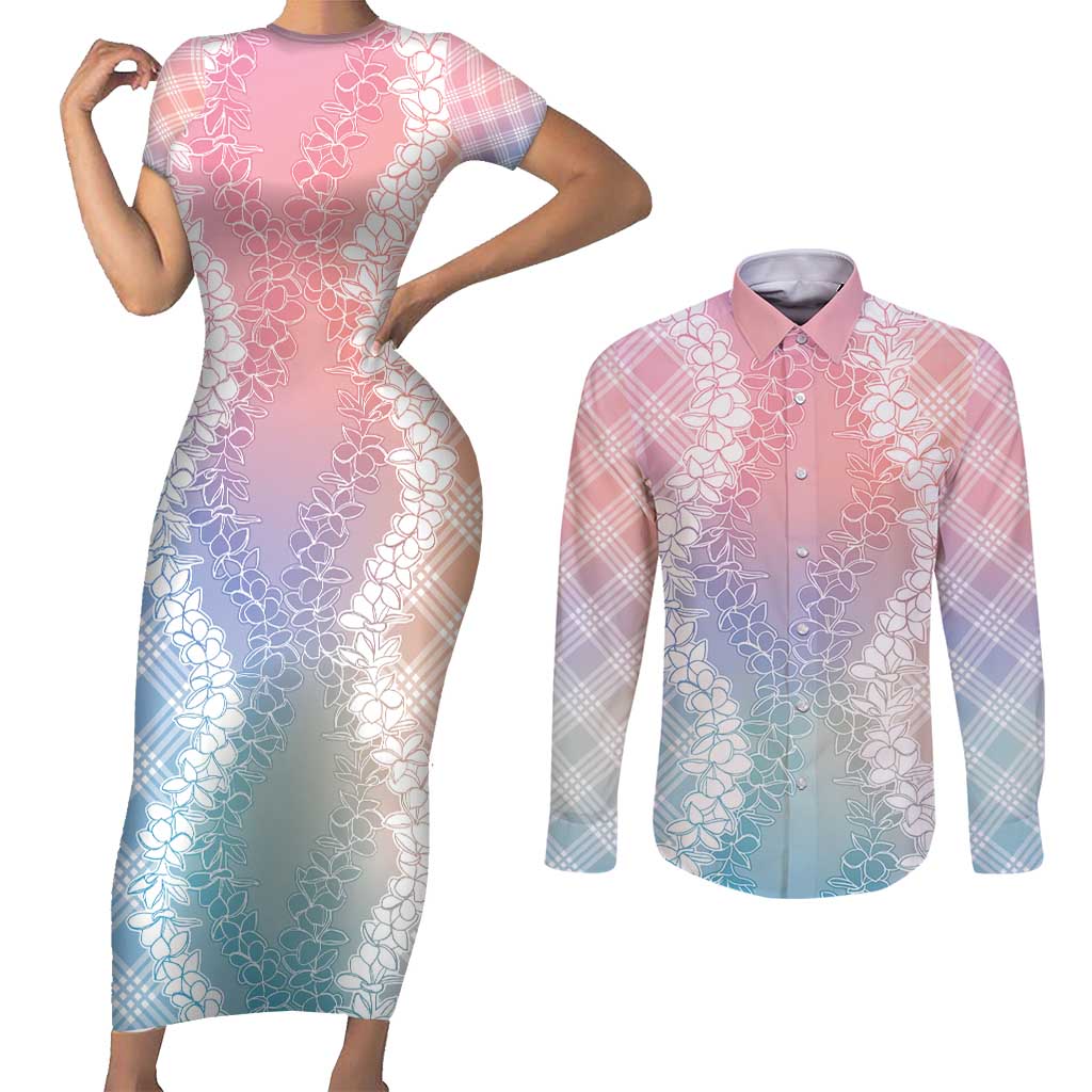 Hawaii Aloha Plumeria Lei Pastel Candy Palaka Couples Matching Short Sleeve Bodycon Dress and Long Sleeve Button Shirt - Polynesian Pride
