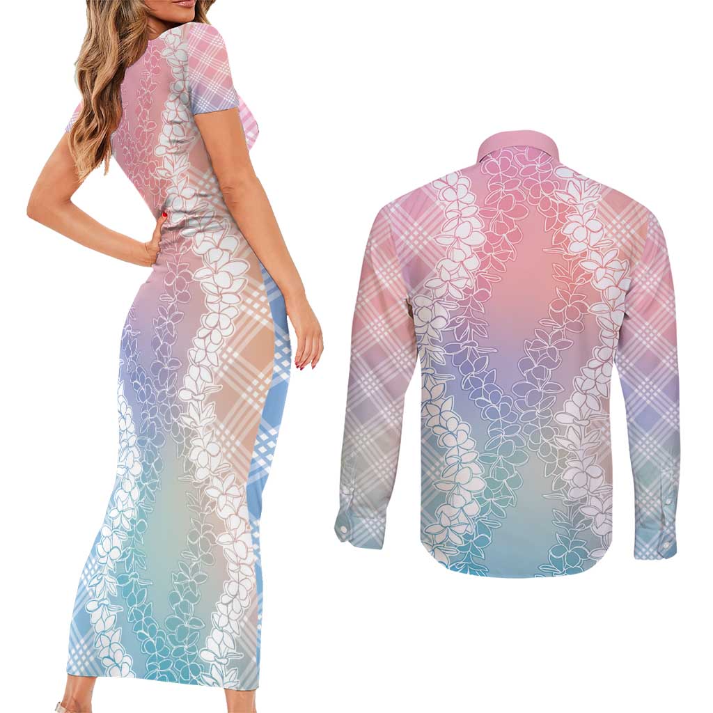 Hawaii Aloha Plumeria Lei Pastel Candy Palaka Couples Matching Short Sleeve Bodycon Dress and Long Sleeve Button Shirt - Polynesian Pride
