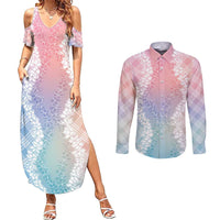 Hawaii Aloha Plumeria Lei Pastel Candy Palaka Couples Matching Summer Maxi Dress and Long Sleeve Button Shirt - Polynesian Pride