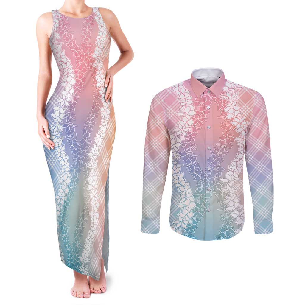 Hawaii Aloha Plumeria Lei Pastel Candy Palaka Couples Matching Tank Maxi Dress and Long Sleeve Button Shirt - Polynesian Pride