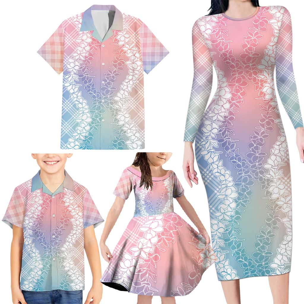 Hawaii Aloha Plumeria Lei Pastel Candy Palaka Family Matching Long Sleeve Bodycon Dress and Hawaiian Shirt - Polynesian Pride