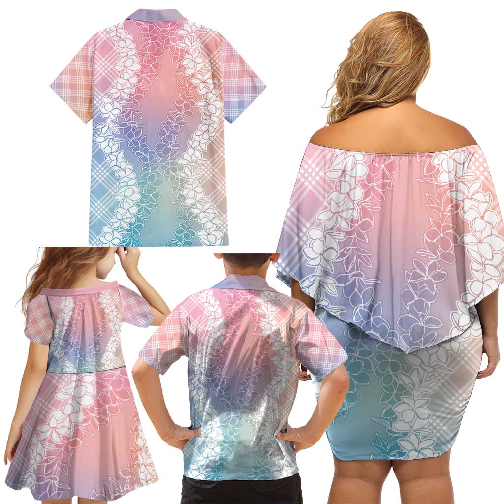 Hawaii Aloha Plumeria Lei Pastel Candy Palaka Family Matching Off Shoulder Short Dress and Hawaiian Shirt - Polynesian Pride