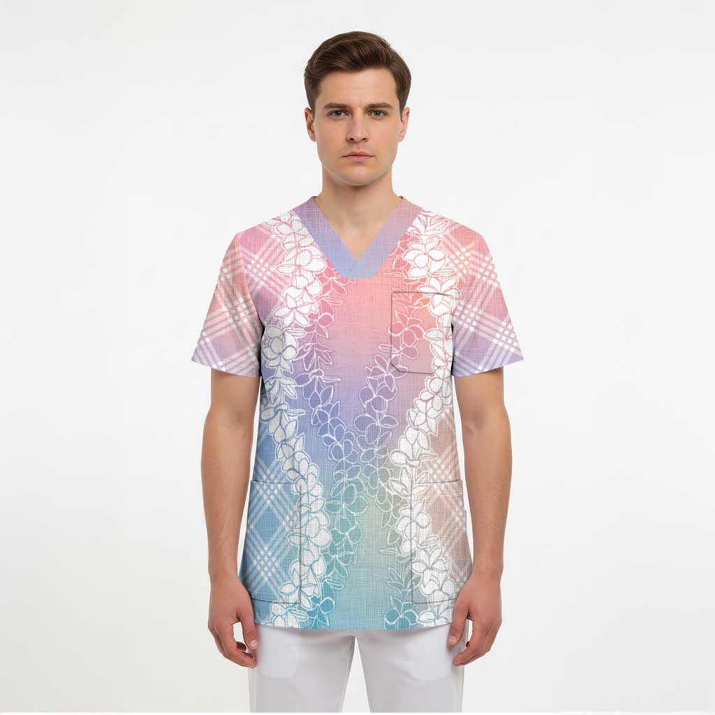 Hawaii Aloha Plumeria Lei Pastel Candy Palaka Scrub Top - Polynesian Pride