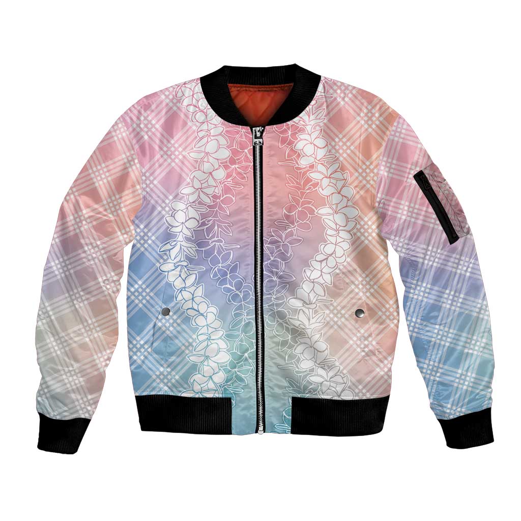 Hawaii Aloha Plumeria Lei Pastel Candy Palaka Sleeve Zip Bomber Jacket - Polynesian Pride