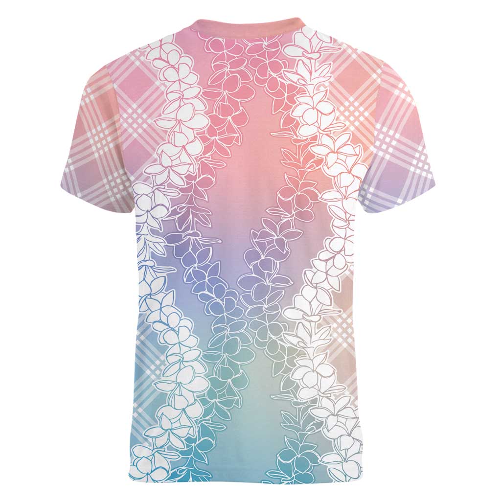 Hawaii Aloha Plumeria Lei Pastel Candy Palaka Women V-Neck T-Shirt - Polynesian Pride