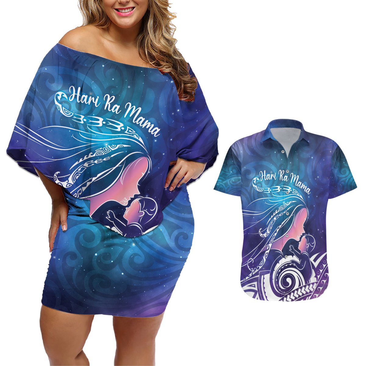 New Zealand Mother's Day Couples Matching Off Shoulder Short Dress and Hawaiian Shirt Maori Hari Ra Mama