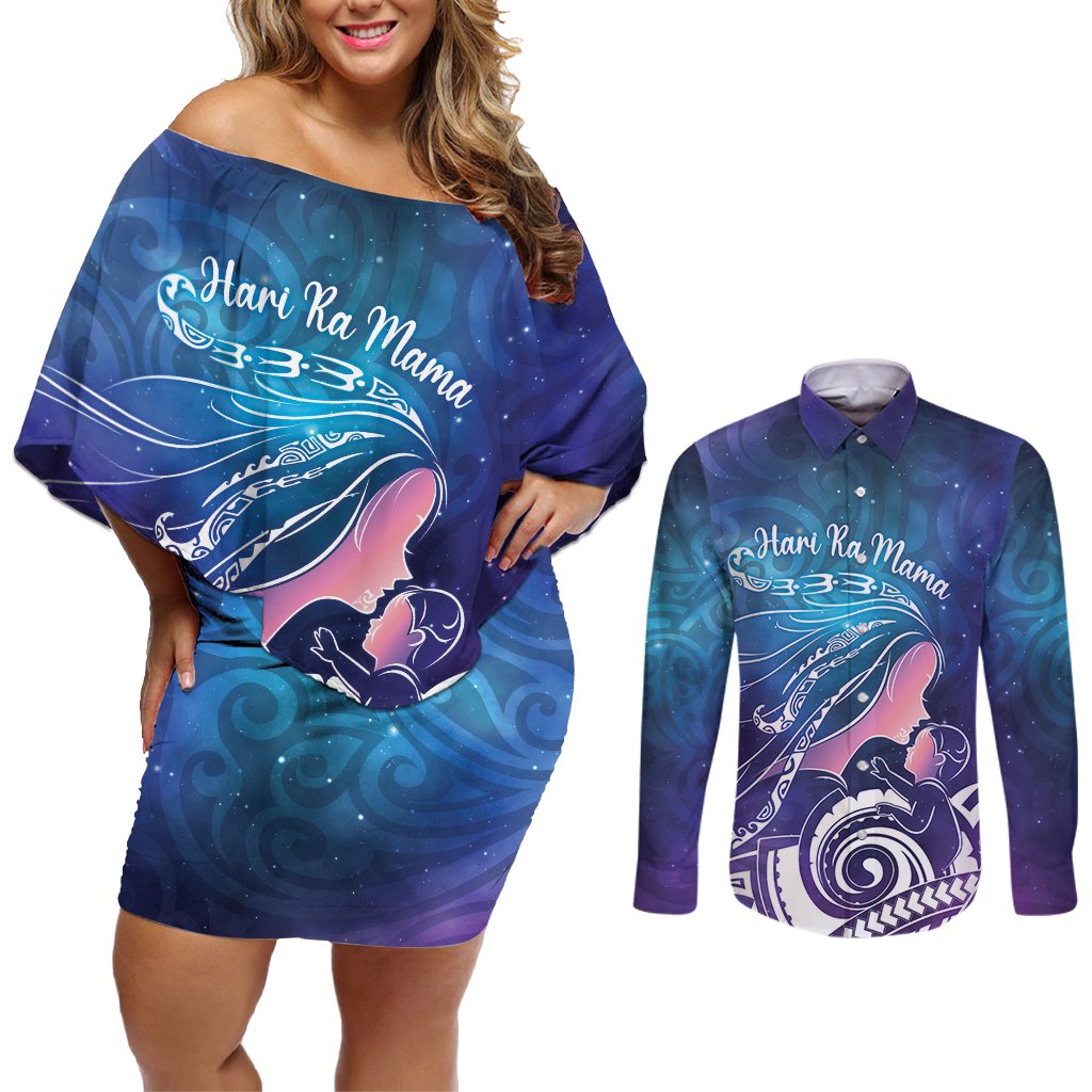 New Zealand Mother's Day Couples Matching Off Shoulder Short Dress and Long Sleeve Button Shirt Maori Hari Ra Mama