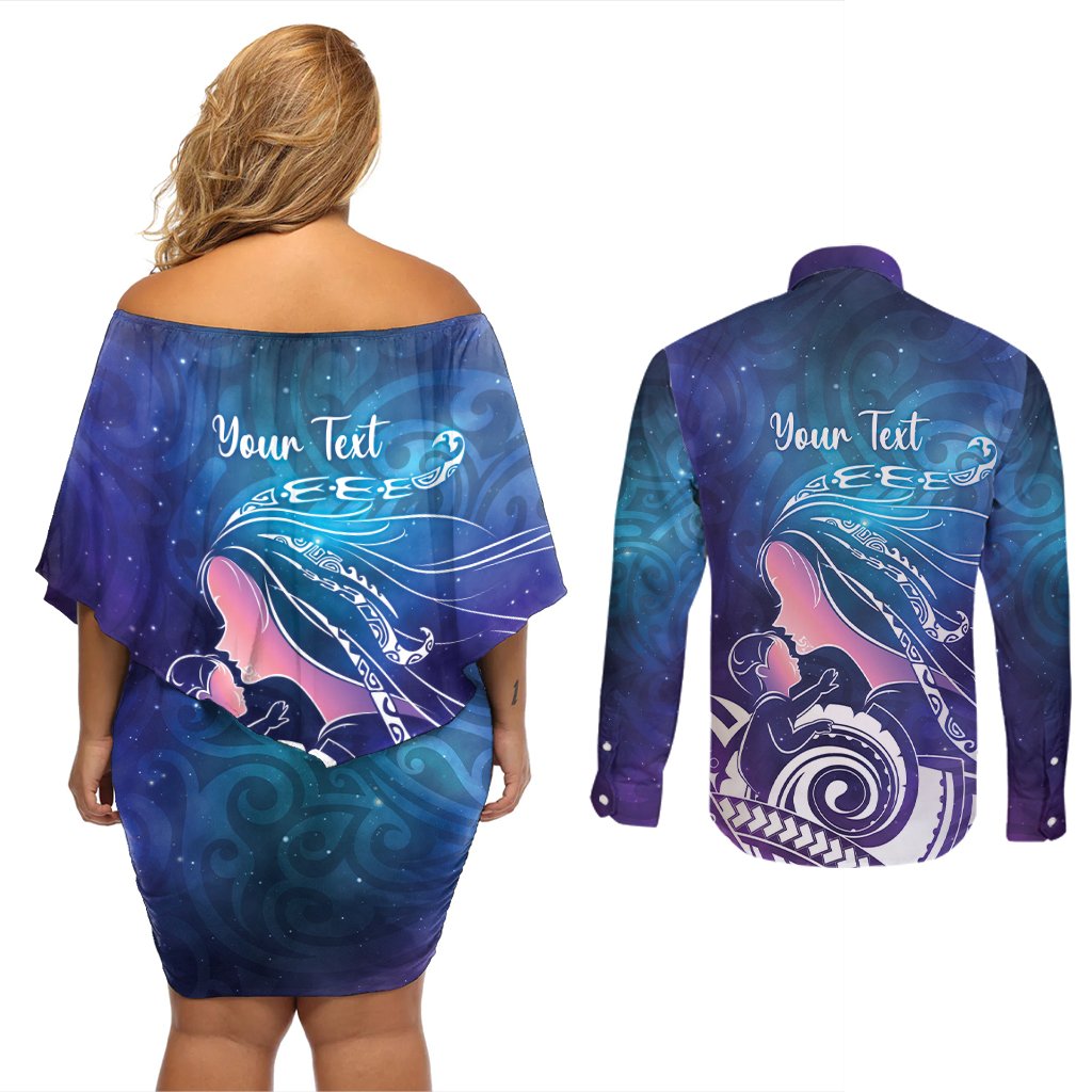 New Zealand Mother's Day Couples Matching Off Shoulder Short Dress and Long Sleeve Button Shirt Maori Hari Ra Mama