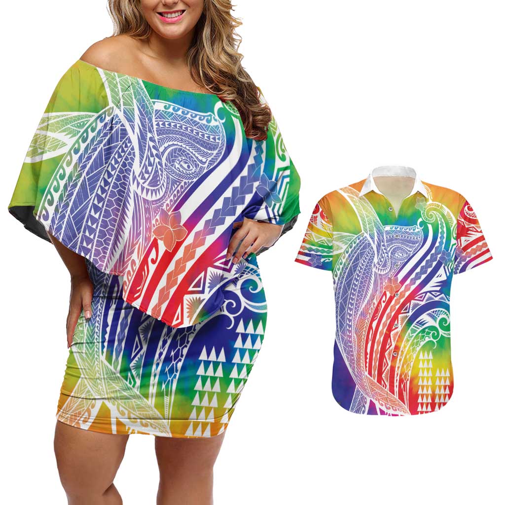 Aloha Pride Rainbow Tie Dye Couples Matching Off Shoulder Short Dress and Hawaiian Shirt Humpback Whale - Love is Love