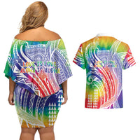 Aloha Pride Rainbow Tie Dye Couples Matching Off Shoulder Short Dress and Hawaiian Shirt Humpback Whale - Love is Love