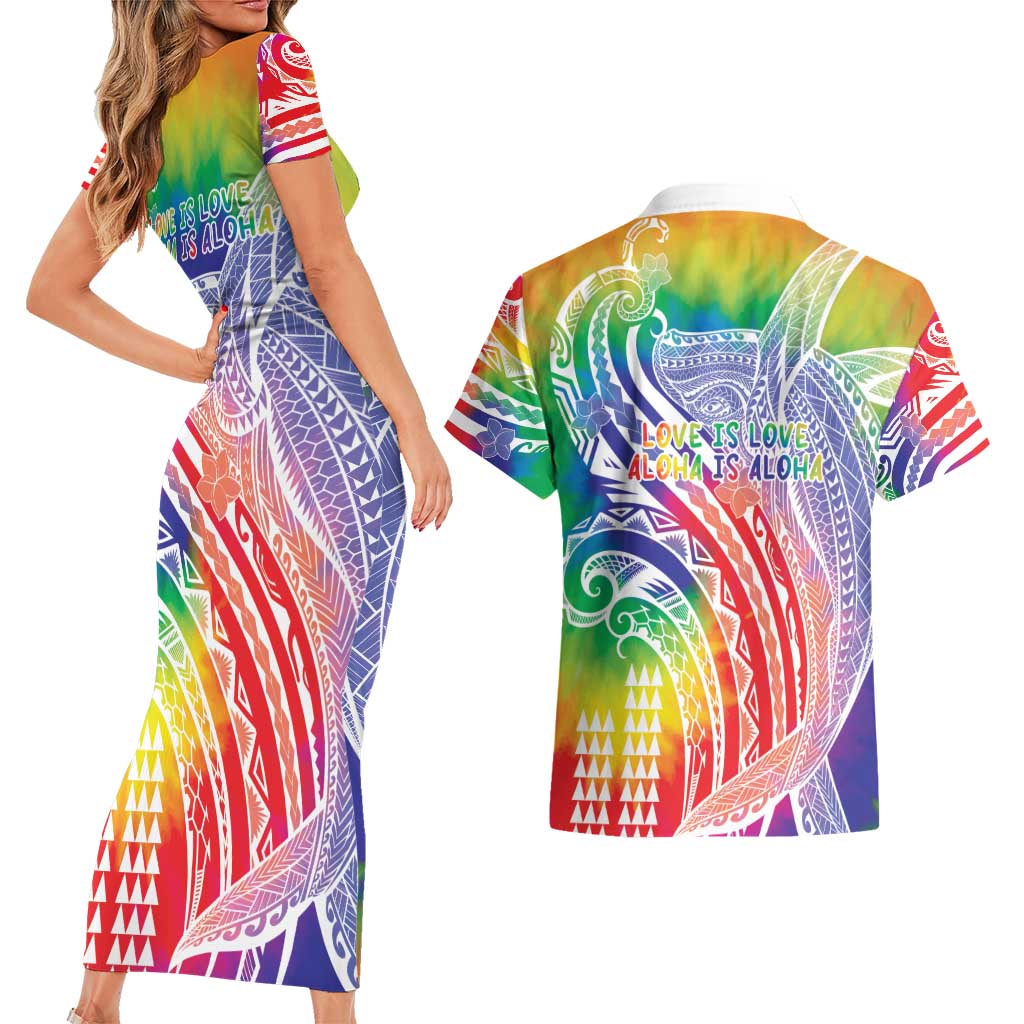 Aloha Pride Rainbow Tie Dye Couples Matching Short Sleeve Bodycon Dress and Hawaiian Shirt Humpback Whale - Love is Love