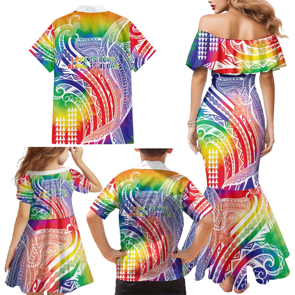 Aloha Pride Rainbow Tie Dye Family Matching Mermaid Dress and Hawaiian Shirt Humpback Whale - Love is Love
