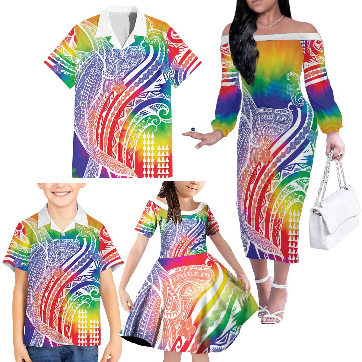 Aloha Pride Rainbow Tie Dye Family Matching Off The Shoulder Long Sleeve Dress and Hawaiian Shirt Humpback Whale - Love is Love