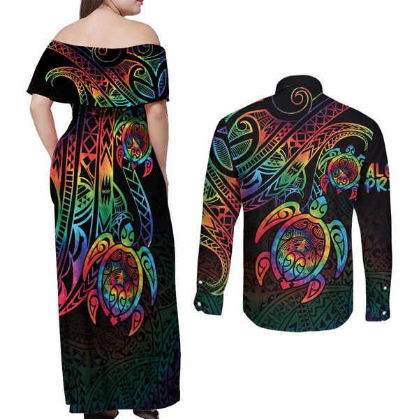 Personalized Cook Islands Aitutaki Couples Matching Off Shoulder Maxi Dress and Long Sleeve Button Shirts Coat Of Arms Plumeria Polynesian Turtle LT05