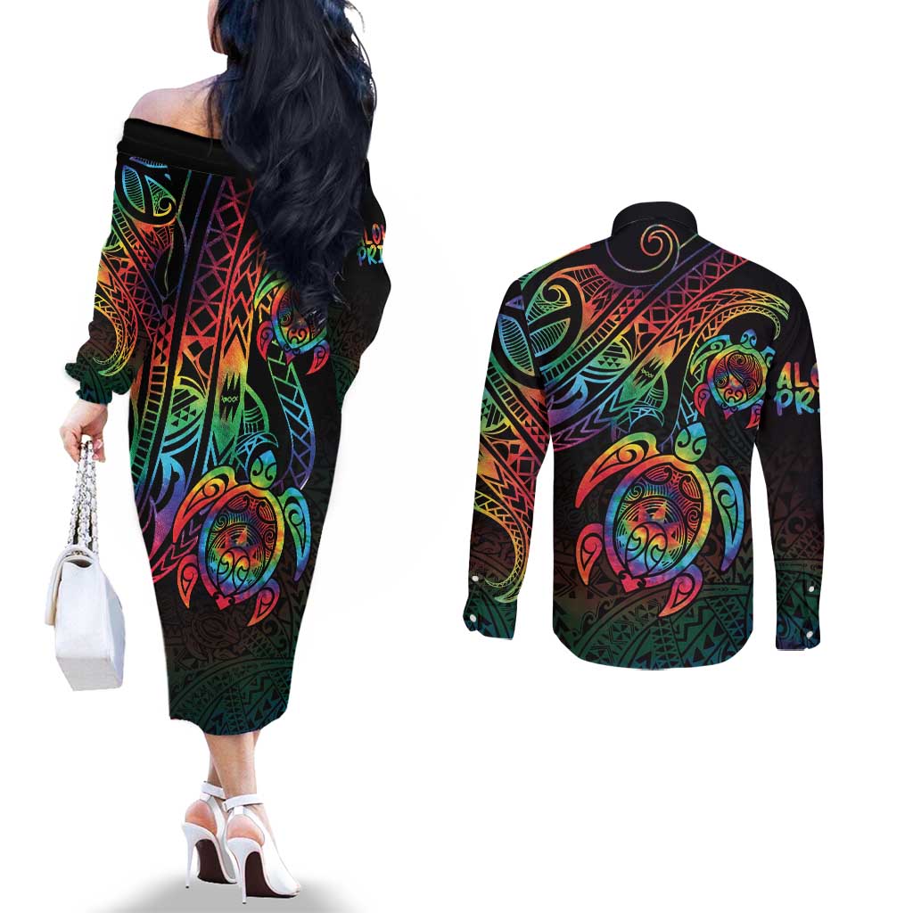 Hawaii Pride Couples Matching Off The Shoulder Long Sleeve Dress and Long Sleeve Button Shirt Rainbow Swirls LT7 - Polynesian Pride