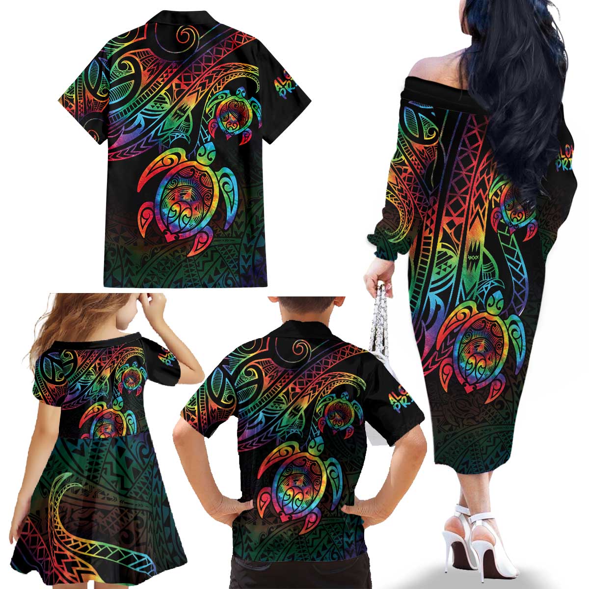 Hawaii Pride Family Matching Off The Shoulder Long Sleeve Dress and Hawaiian Shirt Rainbow Swirls