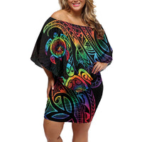Hawaii Pride Family Matching Off Shoulder Short Dress and Hawaiian Shirt Rainbow Swirls