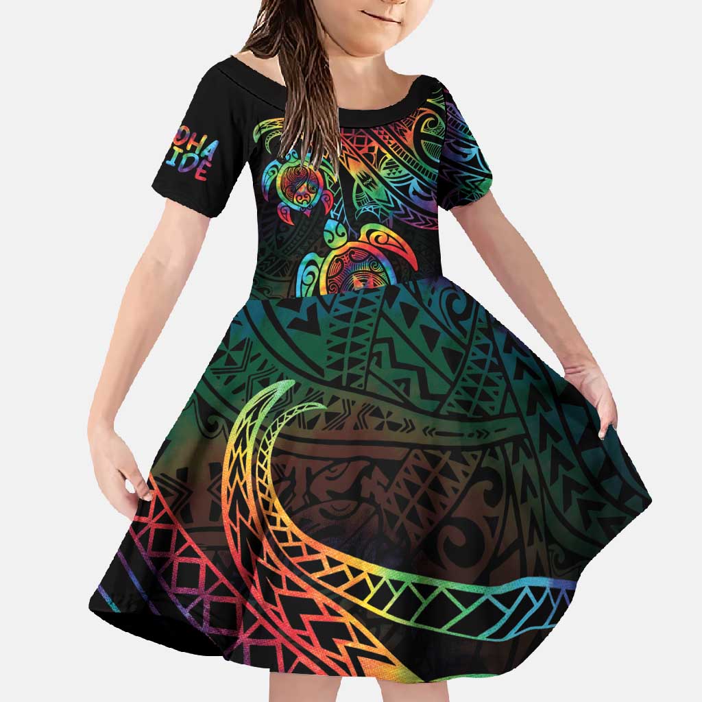 Hawaii Pride Family Matching Short Sleeve Bodycon Dress and Hawaiian Shirt Rainbow Swirls LT7 Daughter's Dress Colorful - Polynesian Pride
