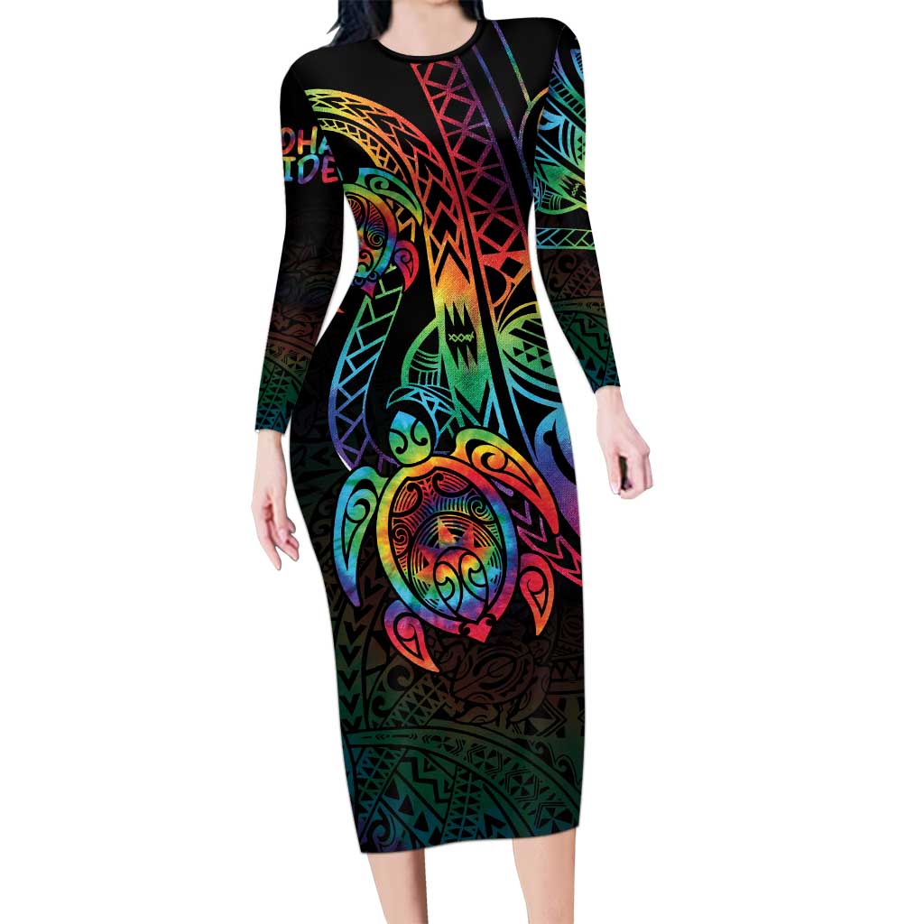 Hawaii Pride Long Sleeve Bodycon Dress Rainbow Swirls - Polynesian Pride