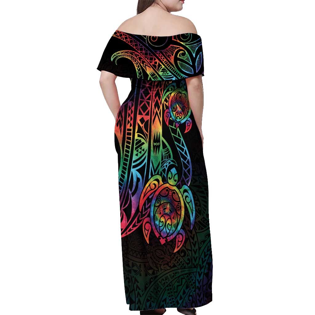 rainbow off shoulder maxi dress Rainbow Tropics Off the Shoulder Bell Sleeve Midi Dress