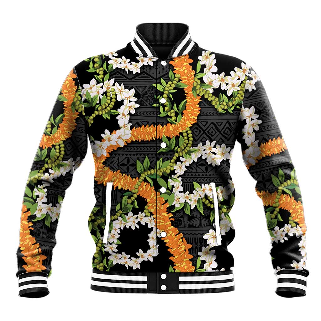 Aloha Festive Hawaii Baseball Jacket Mokihana - Maile and Ilima on Black - Polynesian Pride