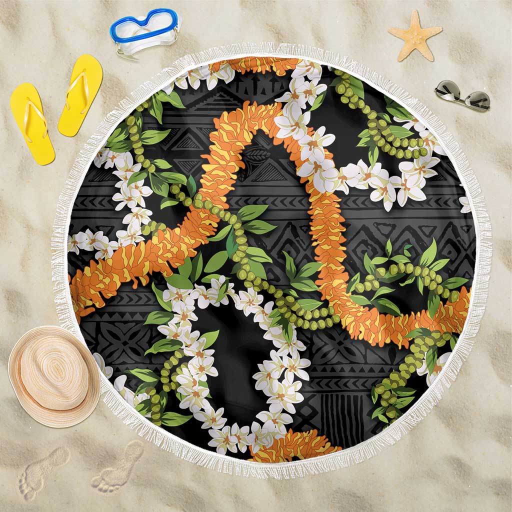 Aloha Festive Hawaii Beach Blanket Mokihana - Maile and Ilima on Black LT7 One Size 150cm Black - Polynesian Pride