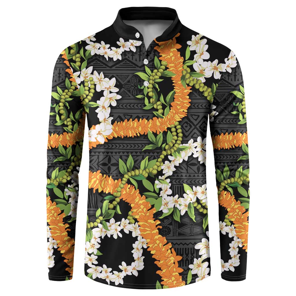 Aloha Festive Hawaii Button Sweatshirt Mokihana - Maile and Ilima on Black LT7 Black - Polynesian Pride