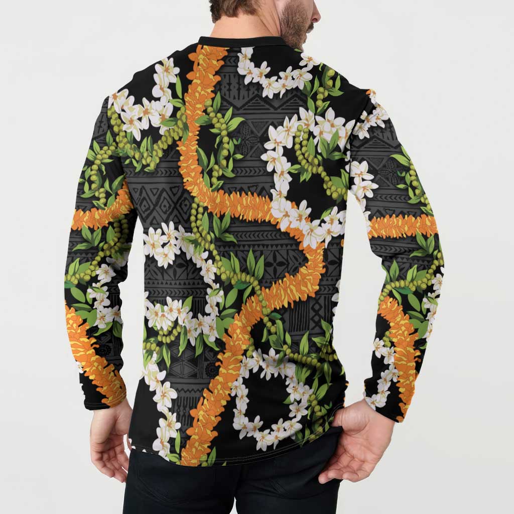 Aloha Festive Hawaii Button Sweatshirt Mokihana - Maile and Ilima on Black - Polynesian Pride