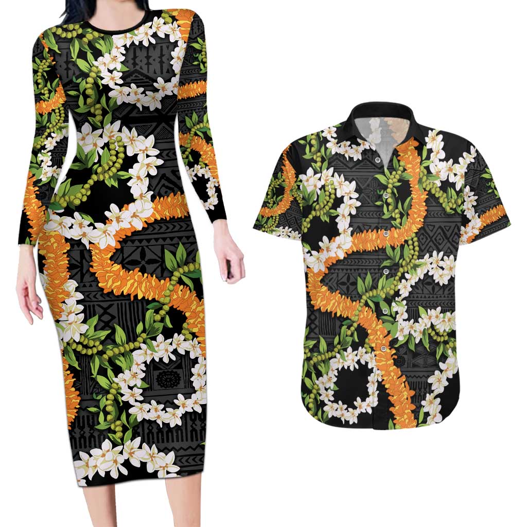 Aloha Festive Hawaii Couples Matching Long Sleeve Bodycon Dress and Hawaiian Shirt Mokihana - Maile and Ilima on Black - Polynesian Pride