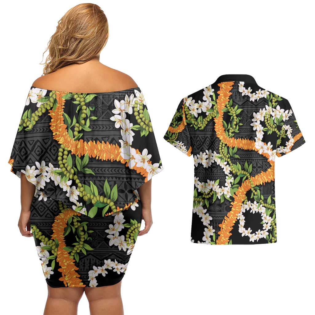Aloha Festive Hawaii Couples Matching Off Shoulder Short Dress and Hawaiian Shirt Mokihana - Maile and Ilima on Black - Polynesian Pride