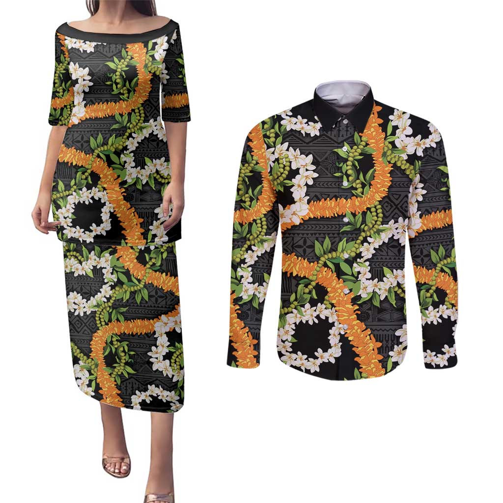 Aloha Festive Hawaii Couples Matching Puletasi and Long Sleeve Button Shirt Mokihana - Maile and Ilima on Black - Polynesian Pride