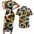 Aloha Festive Hawaii Couples Matching Short Sleeve Bodycon Dress and Hawaiian Shirt Mokihana - Maile and Ilima on Black - Polynesian Pride