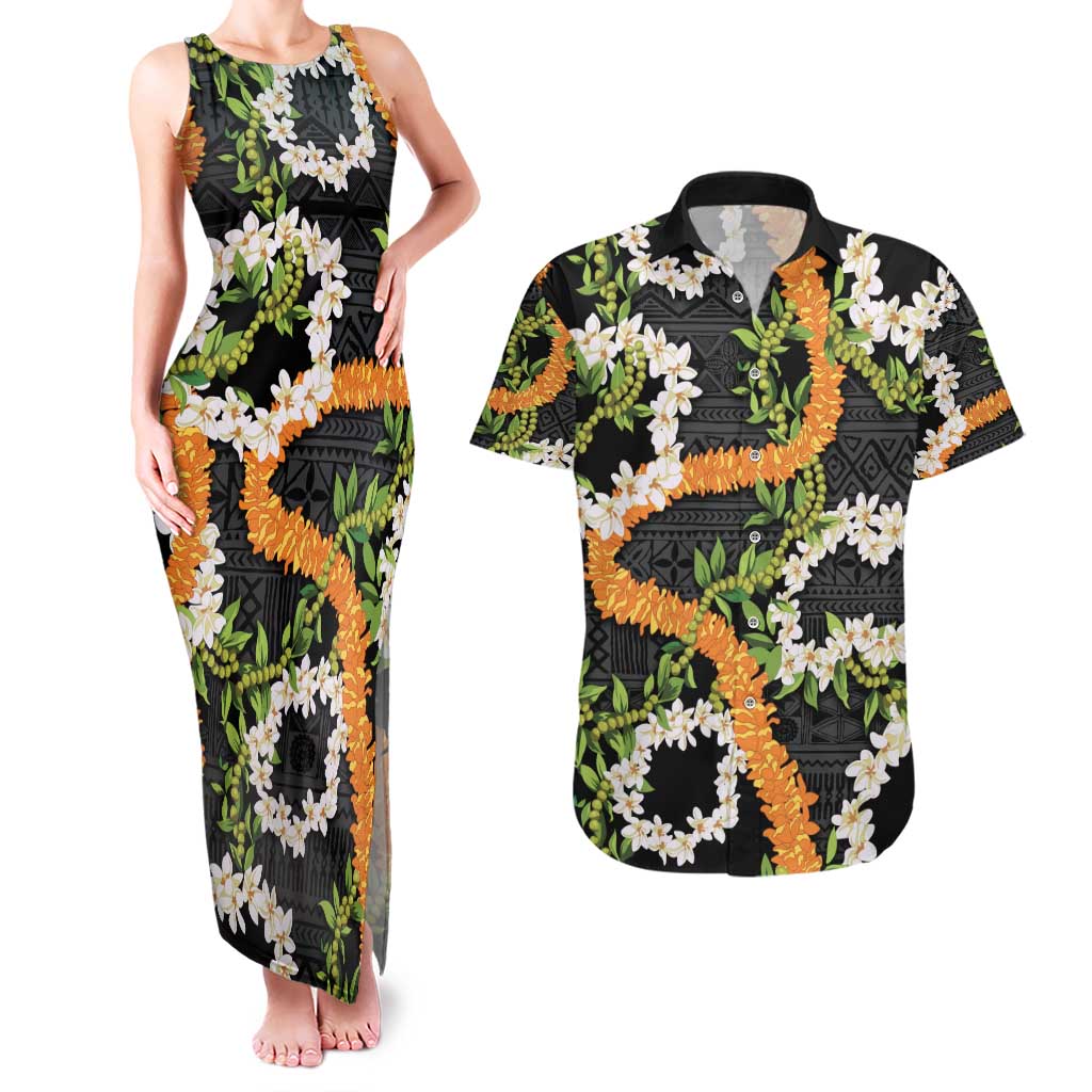 Aloha Festive Hawaii Couples Matching Tank Maxi Dress and Hawaiian Shirt Mokihana - Maile and Ilima on Black - Polynesian Pride