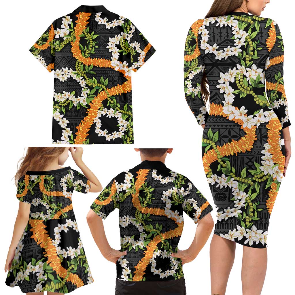 Aloha Festive Hawaii Family Matching Long Sleeve Bodycon Dress and Hawaiian Shirt Mokihana - Maile and Ilima on Black - Polynesian Pride