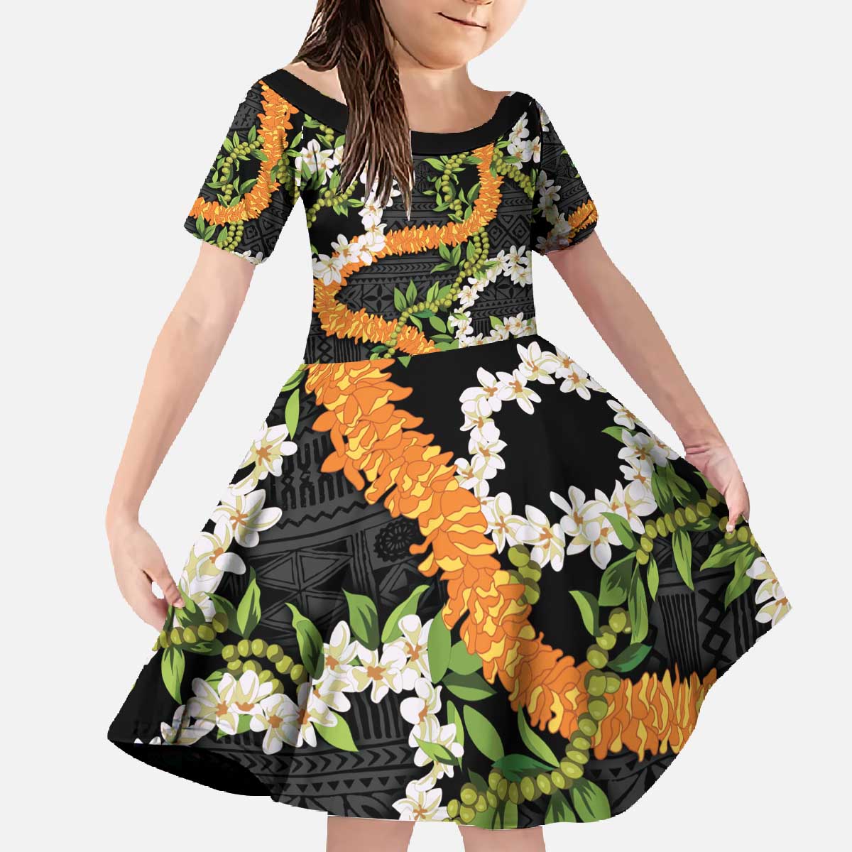 Aloha Festive Hawaii Family Matching Off The Shoulder Long Sleeve Dress and Hawaiian Shirt Mokihana - Maile and Ilima on Black - Polynesian Pride