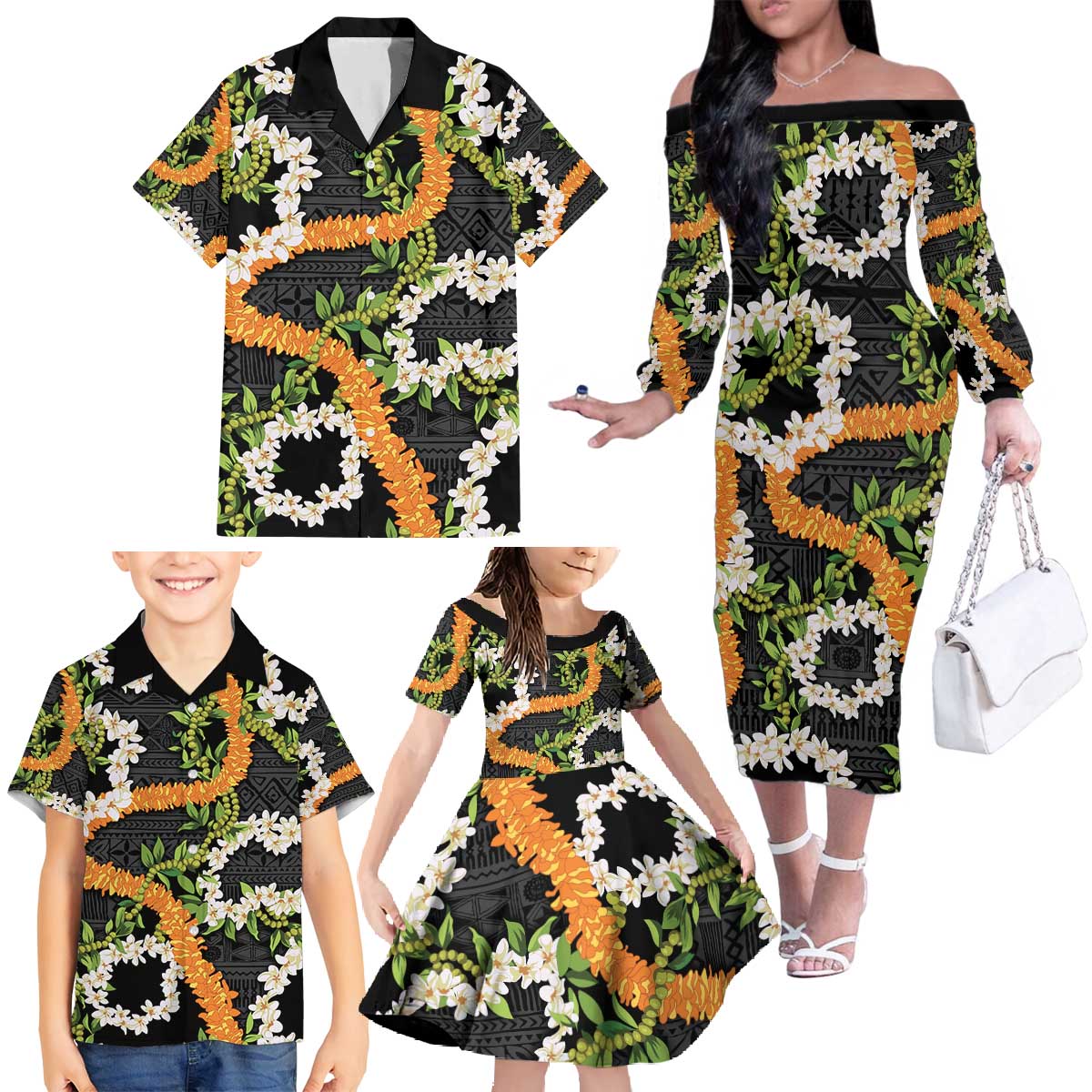 Aloha Festive Hawaii Family Matching Off The Shoulder Long Sleeve Dress and Hawaiian Shirt Mokihana - Maile and Ilima on Black - Polynesian Pride
