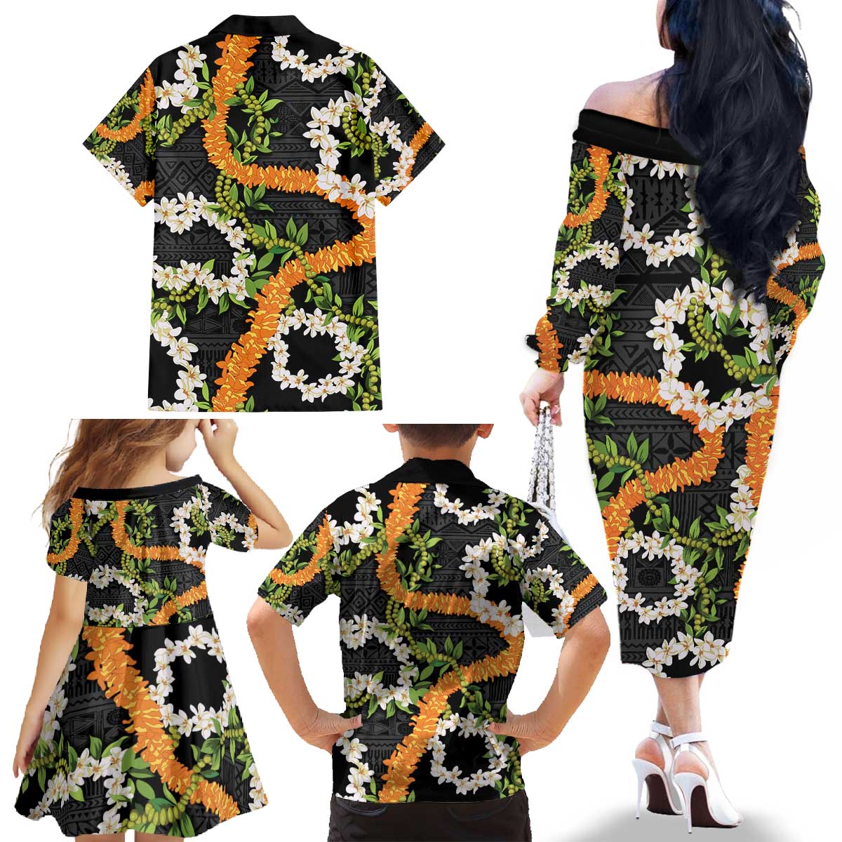 Aloha Festive Hawaii Family Matching Off The Shoulder Long Sleeve Dress and Hawaiian Shirt Mokihana - Maile and Ilima on Black - Polynesian Pride