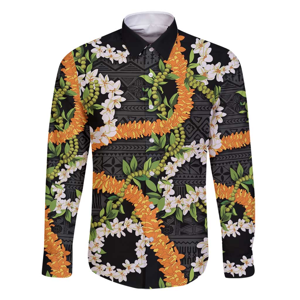 Aloha Festive Hawaii Family Matching Off Shoulder Maxi Dress and Hawaiian Shirt Mokihana - Maile and Ilima on Black LT7 Dad's Shirt - Long Sleeve Black - Polynesian Pride