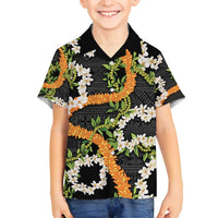Aloha Festive Hawaii Family Matching Off Shoulder Maxi Dress and Hawaiian Shirt Mokihana - Maile and Ilima on Black LT7 Son's Shirt Black - Polynesian Pride