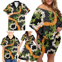 Aloha Festive Hawaii Family Matching Off Shoulder Short Dress and Hawaiian Shirt Mokihana - Maile and Ilima on Black - Polynesian Pride
