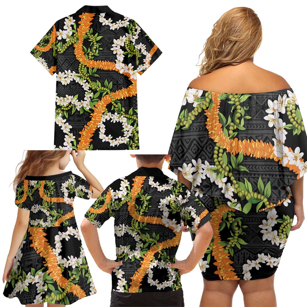 Aloha Festive Hawaii Family Matching Off Shoulder Short Dress and Hawaiian Shirt Mokihana - Maile and Ilima on Black - Polynesian Pride