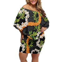 Aloha Festive Hawaii Family Matching Off Shoulder Short Dress and Hawaiian Shirt Mokihana - Maile and Ilima on Black - Polynesian Pride