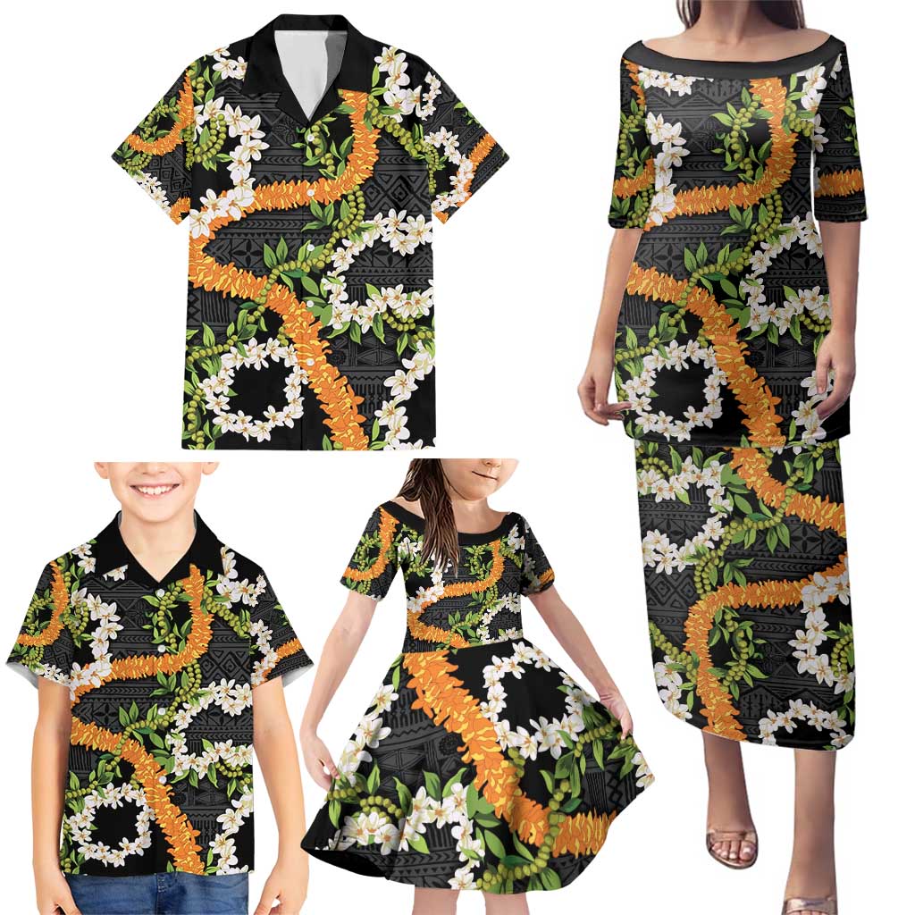 Aloha Festive Hawaii Family Matching Puletasi and Hawaiian Shirt Mokihana - Maile and Ilima on Black - Polynesian Pride